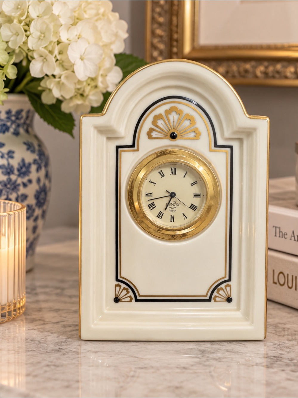 Lenox Vintage 24K Gold Trim Porcelain Brunswick Desk Clock Art Deco